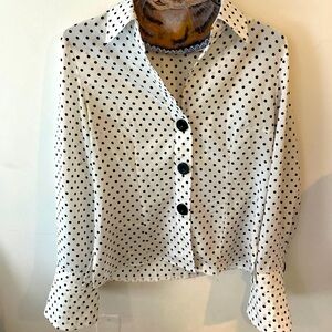 White polkadot, button-down collar, dress shirt with bells sleeves